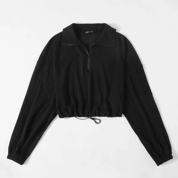 SHEIN Tops - collared zip up rib-knit drawstring hem pullover